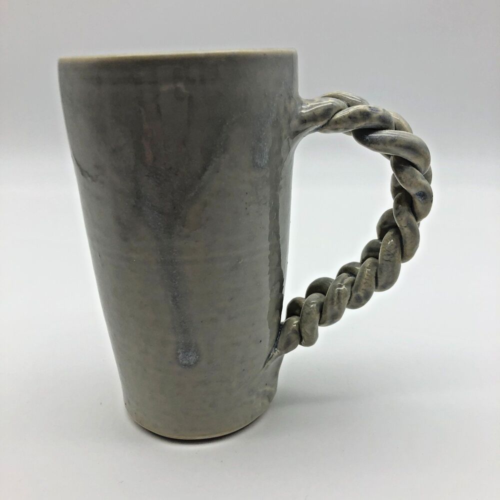 Handmade Pottery Mug Stoneware Gray Blue Glaze Braided Handle Tall 8oz